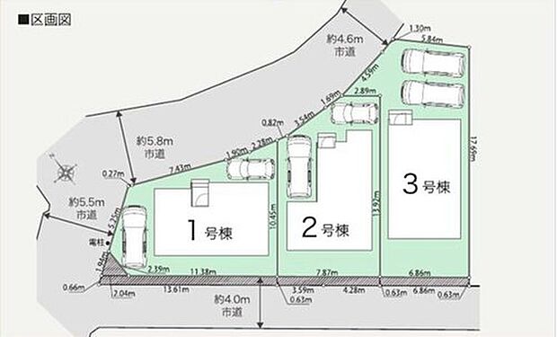 【全体区画図】全3棟販売開始!各棟カースペース2台分ございますので、家族分の自転車を駐輪したり、来客用の駐車スペースとしてもお使いいただけます♪