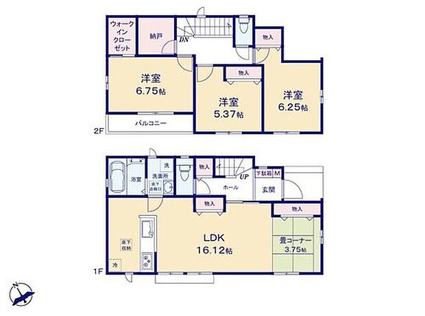 【3LDK+S】◇LDKは広々16帖超☆隣にはほっと一息に最適なタタミコーナーを採用☆
◇居室を2階に集約し、プライバシーにも配慮♪全居室収納完備☆
◇ゆったり約6.75帖の主寝室にはWIC&バルコニー付き◎
