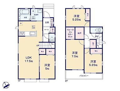 ◇LDK17.5帖☆対面式キッチン＆水回り集中設計で家事効率アップ◎
◇7.5帖の主寝室にはWIC、ホールには納戸を完備☆
◇2部屋から行き来できる南西向きの広々バルコニー付きで開放的♪ 