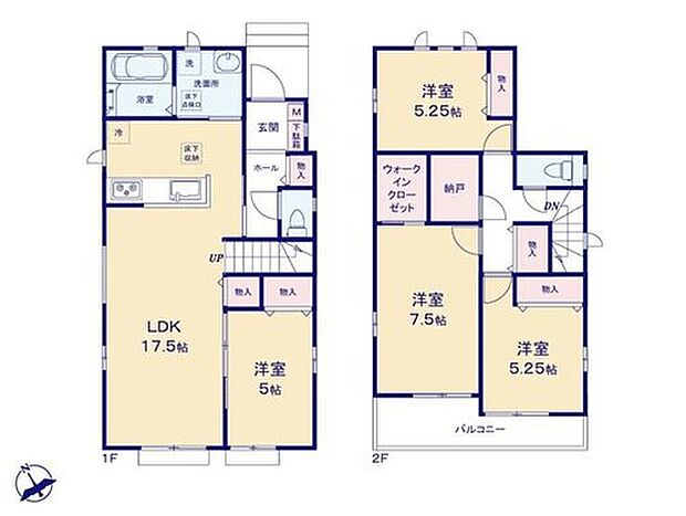 【4LDK+S】◇LDK17.5帖☆対面式キッチン&水回り集中設計で家事効率アップ◎
◇7.5帖の主寝室にはWIC、ホールには納戸を完備☆
◇2部屋から行き来できる南西向きの広々バルコニー付きで開放的♪