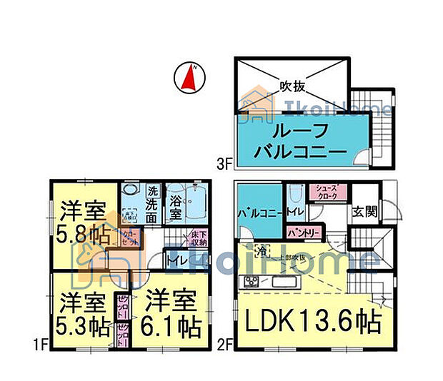 キッチン上部吹抜けで快適空間!広々ルーフバルコニー付きですのでお洗濯沢山干していただけます!