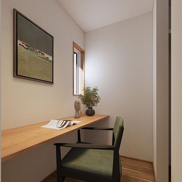 ■５号地ワークスペース（パース）主寝室奥には約1.0帖のワークスペースを設置。程よく区切られた空間で、テレワークや読書など集中した作業がしやすく、寝室の落ち着きを保ちながら活用できます。