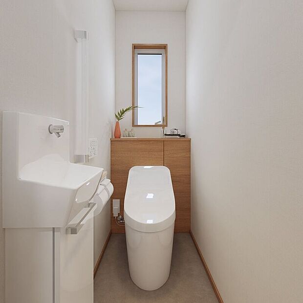 【完成予想図（内観）】■5号地1階トイレ（パース）白と木目を基調とした清潔感のあるトイレ。独立手洗いも設置されているため、使用後すぐに手を洗えて衛生的です。