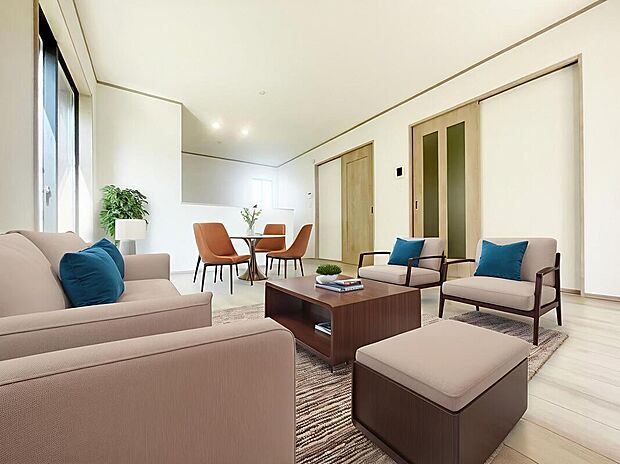 ご家族みんなで長い時間を過ごすリビングは一番居心地のいいものであって欲しいですね。開放感のある広々リビングに光と風を呼び込みます。※家具をCGで加工しています。家具付き販売ではございません。