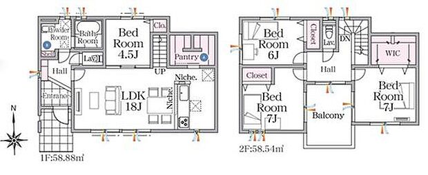 【4LDK】LDKは18帖♪リビングには4.5帖の洋室が隣接!多用途に使えます☆食品や調理用品の保管に便利なパントリーつき♪2階へのアクセスが容易なリビング階段仕様♪