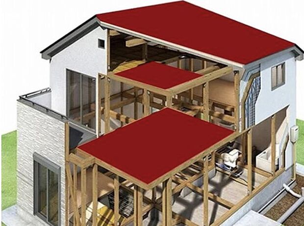 【横の力を面に伝える「水平構面」】天井裏は人が乗らない部分であるため、通常の床板を使用するのではなく、火打金物で強度を保つ。野地板は、屋根材の下地として構造用合板等の面材と垂木とで構成され、所定の条件を満たすことで水平構面の働きをします。