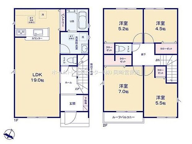 【4LDK】広々とした１９帖のリビング♪リビングの家族の様子がわかる、人気の対面式キッチン仕様☆各居室に収納完備でお部屋もスッキリ片付きます☆急な天候変化にも安心なルーフバルコニー有り♪