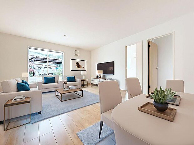 【リビング】【1号棟】ご家族みんなで長い時間を過ごすリビングは一番居心地のいいものであって欲しいですね。開放感のある広々リビングに光と風を呼び込みます。※家具をCGで加工しています。家具付き販売ではございません。