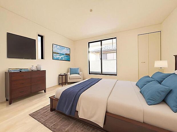 【リビング以外の居室】主寝室は広々とした９帖。通風・採光にも優れ、心地よい光と風があふれています。  新築戸建でなければ体感できないひとときをご体感頂ける筈です。