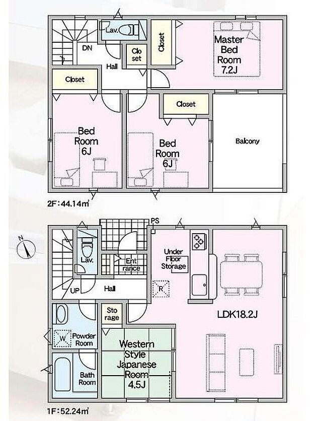 【4LDK】広々１８帖LDK♪和室も隣接で多用途に使用できます☆２階居室は全て６帖以上でゆったり過ごせます☆各居室収納付き♪急な天候変化にも安心なルーフバルコニー付き☆