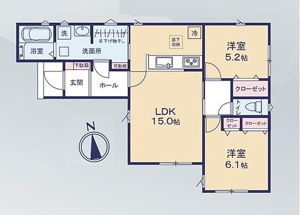 【2LDK】老後も安心して暮らせる平屋建てプラン♪各居室収納付きです☆洗面室に吊り下げ物干し付きで便利◎キッチン横から洗面室～浴室へアクセスでき家事動線も良好な間取りです☆