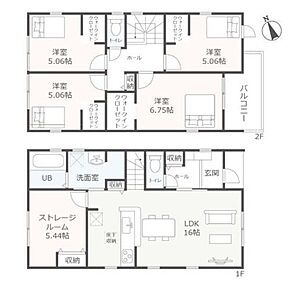 ＬＤＫは１６帖♪１階のストレージルームは納戸収納としても、作業スペースとしても使用できて便利☆２階へのアクセスが容易なリビング階段仕様♪２階は４部屋！個々の時間を大切にできます◎ 