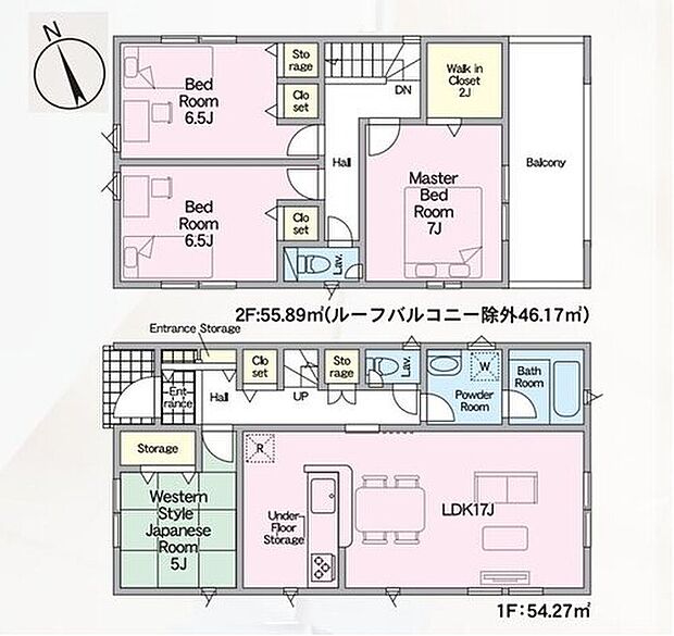 【4LDK】17帖のリビングには和室が隣接♪玄関ホール側からもアクセスできるので客間としてもおススメです◎2階居室は全て6帖以上でゆったり☆2帖分のウォークインクローゼット付きです♪
