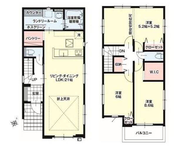 【3LDK】◇広々とした２１帖のリビング♪リビングから洗面～浴室へアクセスでき家事動線良好な間取りです◎パントリーつき♪◇２階に間仕切り可能な洋室有り！◇全居室６帖以上でゆったり過ごせます♪