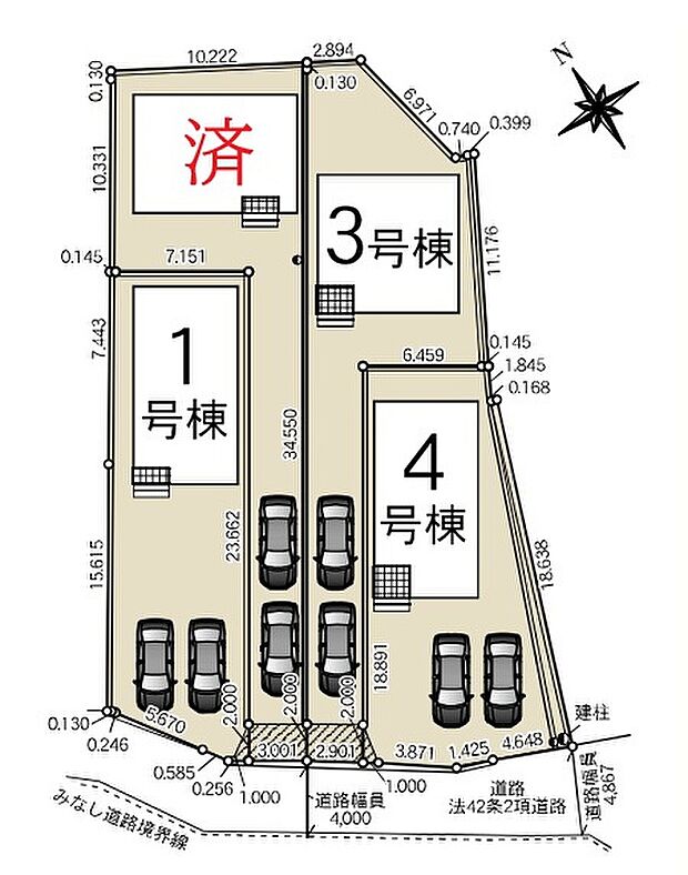 【全体区画図】全４棟！各棟駐車２台可能！南西向き♪