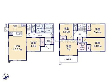 リビングには洋室が隣接☆リビングと一体利用が可能です♪２階には洋室が４部屋あり、家族個々の時間を大切にできます◎各居室収納付き！南に面したバルコニーつき☆ 