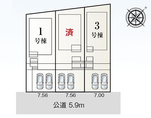 【全体区画図】並列2台駐車可能!前面道路5.9m幅員で見通しも良好です◎