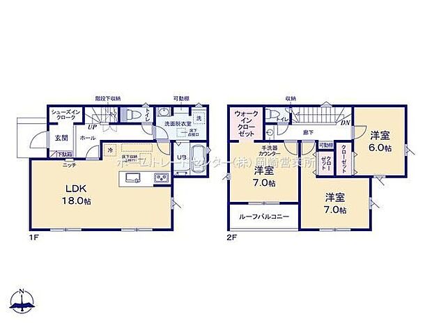 【3LDK】折り上げ天井のある開放感あふれるリビングは18帖♪リビングから洗面~浴室へアクセスできるので家事動線良好です◎2階居室は全て6帖以上でゆったり過ごせます♪