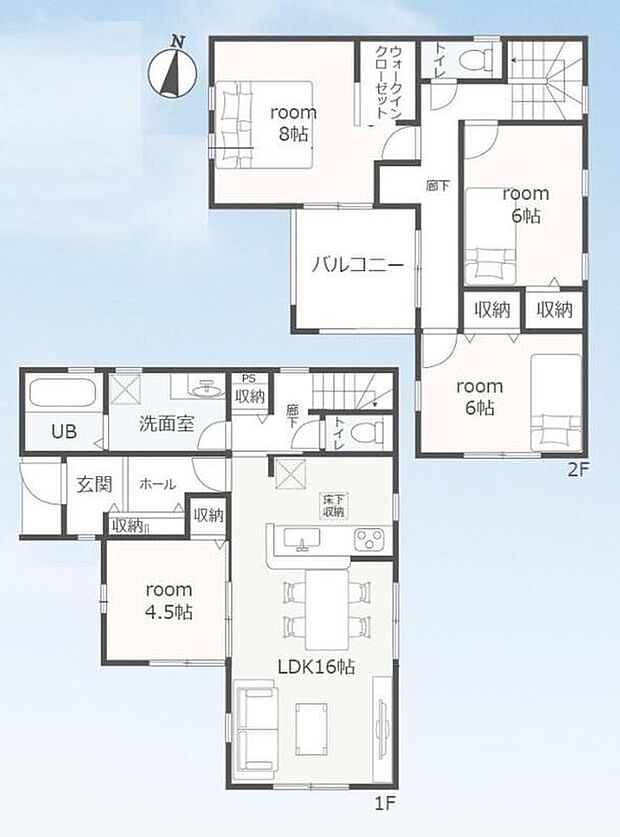 【4LDK】◇リビングには洋室が隣接☆リビングと一体利用が可能です♪◇２階居室は全て６帖以上でゆったり過ごせます☆◎各居室収納付き！◇奥行きある使いやすいバルコニー有り♪