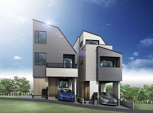 【完成イメージパース】落ち着いた色調と端正なフォルムが印象的な2棟。シンプルながらも上質さを感じる佇まいです。