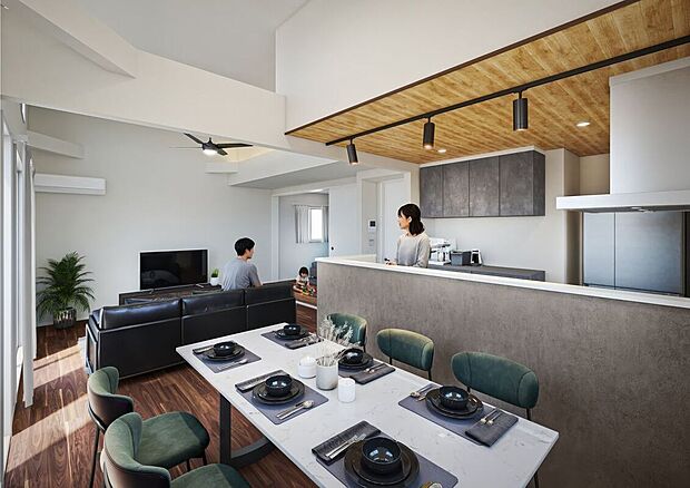 【A号棟内観完成イメージパース】家族の会話が弾む広々リビング。開放感と温もりを感じる空間設計で、毎日の暮らしを心地よく彩ります。