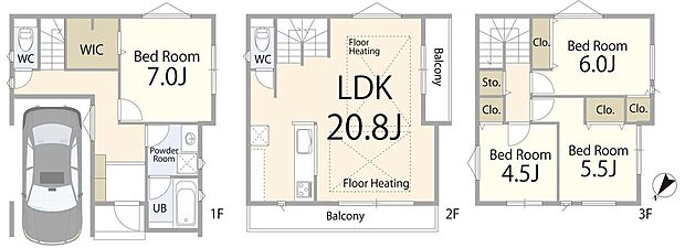 【間取図】広々リビングに加え、個室も充実した4LDKプラン。家族が増えてもゆとりを感じられる、暮らしやすさを考えた間取りです。