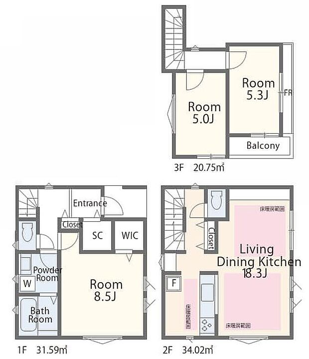 【間取図】広々リビングに加え、個室も充実した3LDKプラン。家族が増えてもゆとりを感じられる、暮らしやすさを考えた間取りです。