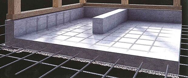 【構造】「面」で力を受け止める強固な基礎構造のベタ基礎。壁の下部にのみ基礎を巡らせる布基礎工法と異なり、「面」で建物の加重を分散して受け止めます。それにより、不動沈下を起こしにくく、地面から上がってくる湿気も防止。力強く暮らしを支えます。