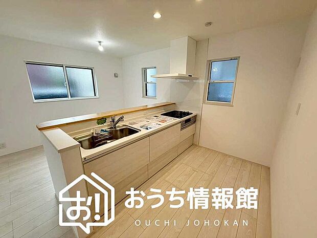 【現地写真(キッチン)】収納たっぷりのシステムキッチン、浄水器付水栓を標準装備しています。