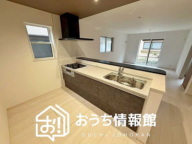 【現地写真(キッチン)】収納たっぷりのシステムキッチン、浄水器付水栓を標準装備しています。