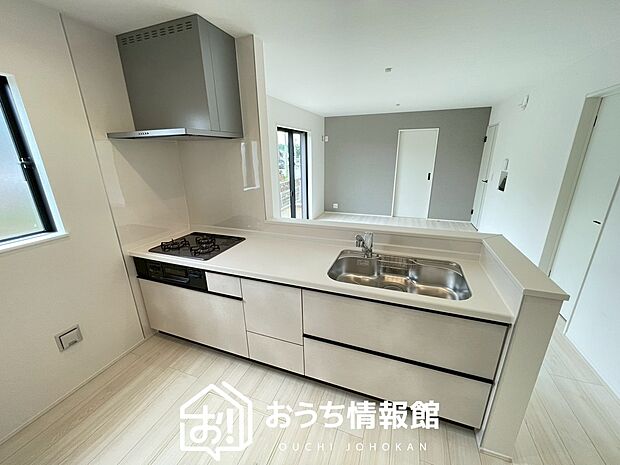【現地写真(キッチン)】収納たっぷりのシステムキッチン、浄水器付水栓を標準装備しています。
