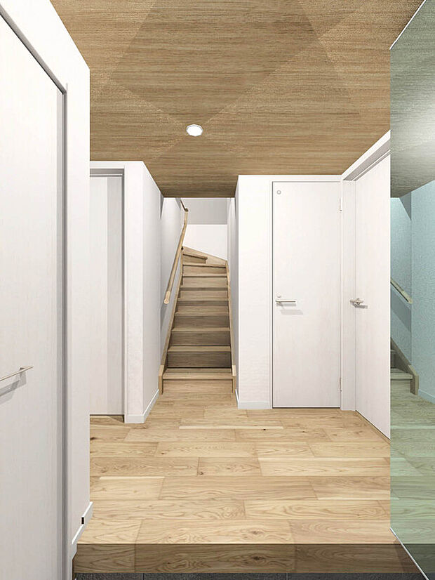 【建物イメージパース：Entrance】
ゆとりある玄関ホール。
靴だけでなく、ベビーカーや遊び道具なども一緒に収納できます。扉があるので、来客があってもプライバシー性のある収納となっています。