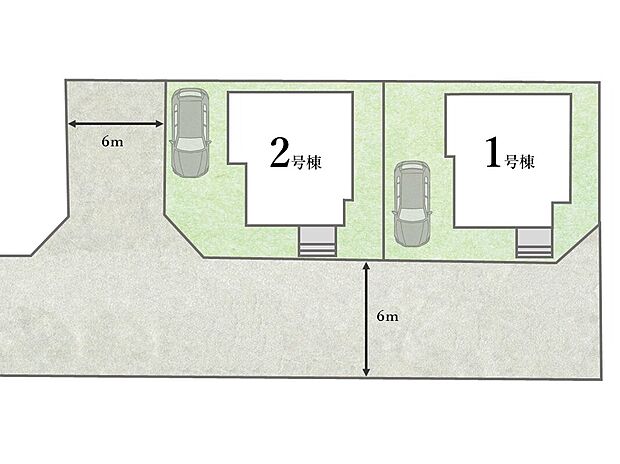 【全体区画図】
開放的な6ｍ道路に面した敷地間口11ｍ超！各棟敷地30坪のゆとりある住まいが誕生しました！間取りはカースペース付きの3LDKファミリープラン。