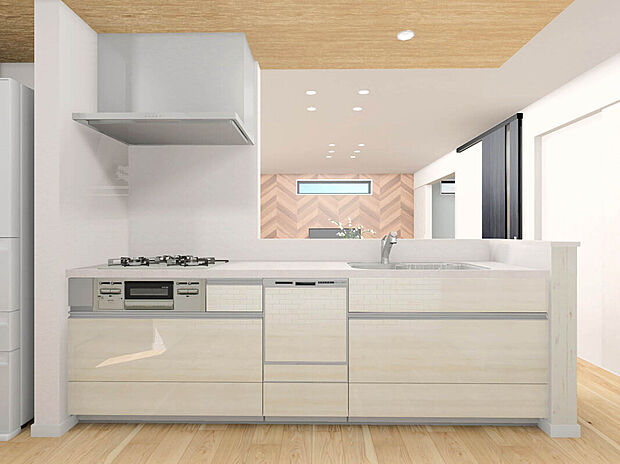 【【建物イメージパース：Kitchen】】食洗機が搭載されているシステムキッチン。
人気のカウンターキッチン設計でリビング全体を見渡すことができ、料理中でも家族とのコミュニケーションや子供の様子を見れます。
