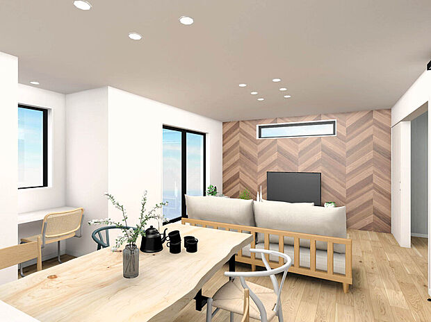 【【建物イメージパース：LDK】】設備は快適に過ごせる床暖房・食洗器・乾太くん・EV自動車充電コンセントなどが標準装備しています。