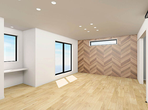 【【建物イメージパース：LDK】】19帖の開放的なLDK空間に5部屋もある間取り。太陽の光が直線当たらない部屋もあるので、書斎としても利用できそうです。