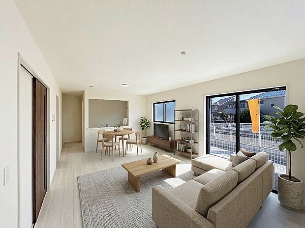 【【LDK 18帖:1号棟】】パントリーが備わった収納豊富なプランニング。カウンターキッチンでリビングに居るご家族とコミュニケーションが取りやすい造り。