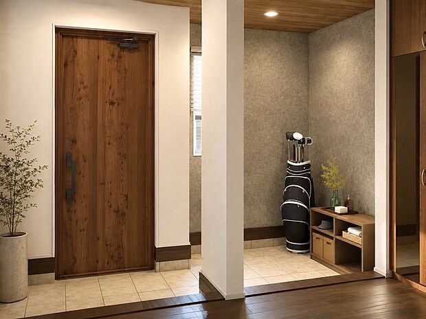 【【建物プラン例:Entrance】】天井に差し色アクセントを追加することで空間の広がりを演出。デザイン性のある玄関で日々を過ごすことができます。