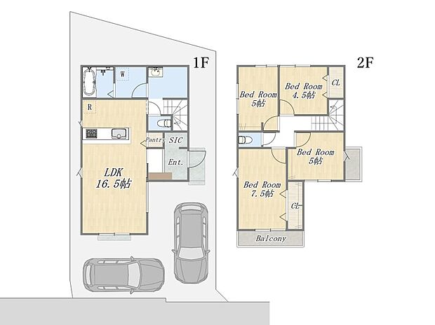 【【参考プラン:2号地】】Plan:4LDK+SIC+Pantry+カースペース2台
建物面積:95m2
建物参考価格:1903万円