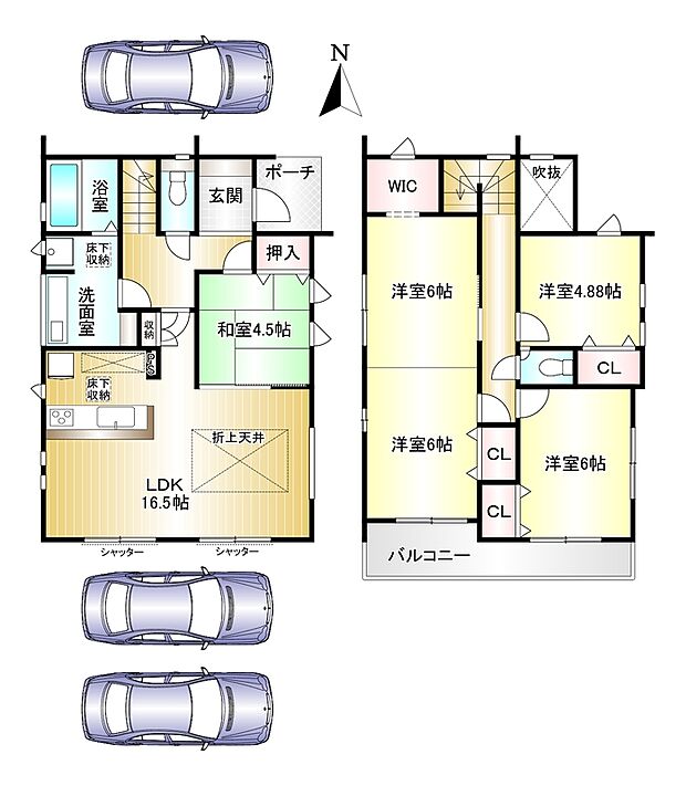 1号棟 4(5)LDK+WIC 土地面積:220.53m2 建物面積:107.94m2 駐車3台可