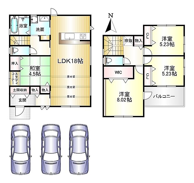 4LDK　土地面積：164.68ｍ2　建物面積：105.16ｍ2　駐車3台可