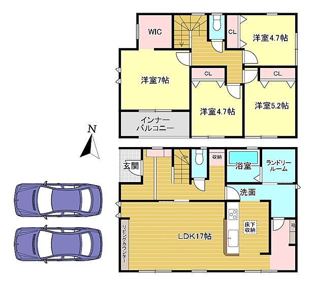 4LDK　土地面積：177.01ｍ2　建物面積：112.62ｍ2　駐車スペース2台