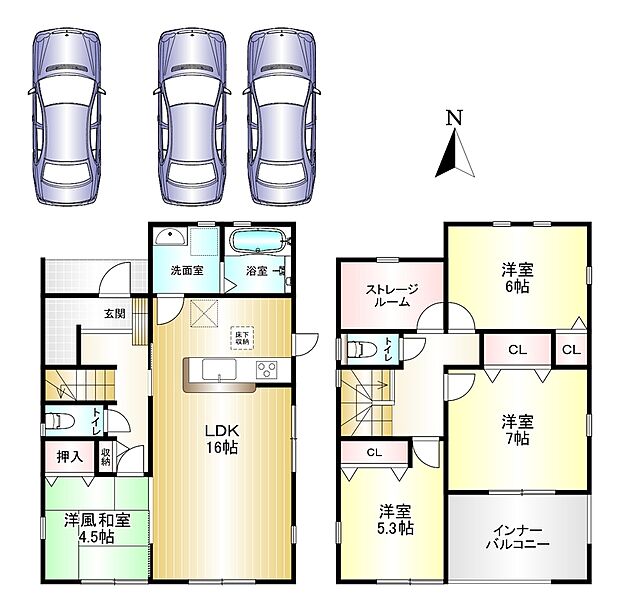 4SLDK 土地面積:175.29m2 建物面積:108.47m2 駐車スペース3台