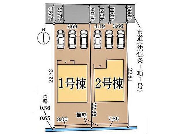 【区画図】
並列駐車可能なカースペース3台分ご用意ございます♪
家族分の自転車を駐輪したり、来客用の駐車スペースとしてもお使いいただけます♪