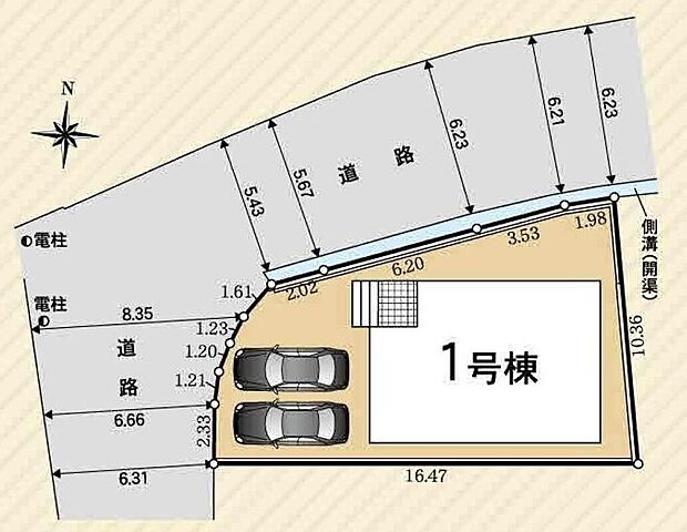 【区画図】カースペースは車種により並列２台分駐車可能！前面道路は車通りが少ないため、駐車の際にもスムーズです♪