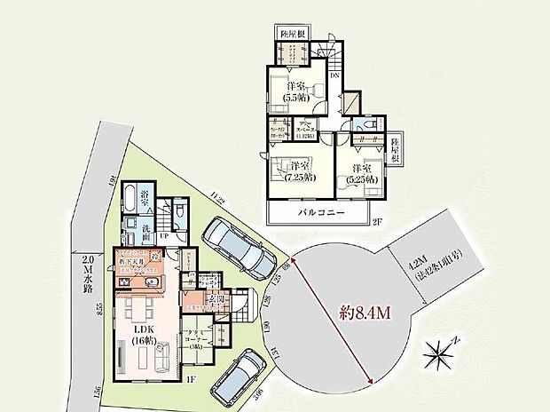 【区画図】前面道路は車庫入れのしやすい8.4ｍ道路♪近隣小車鹿出入りしないため、小さなお子様のいるご家庭にも安心です♪