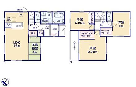 洋風和室4帖が便利に使える間取り♪会話が弾むカウンターキッチン♪
1階には廊下収納も完備！
主寝室にはウォークインクローゼット！洋風和室にも収納あり♪ 