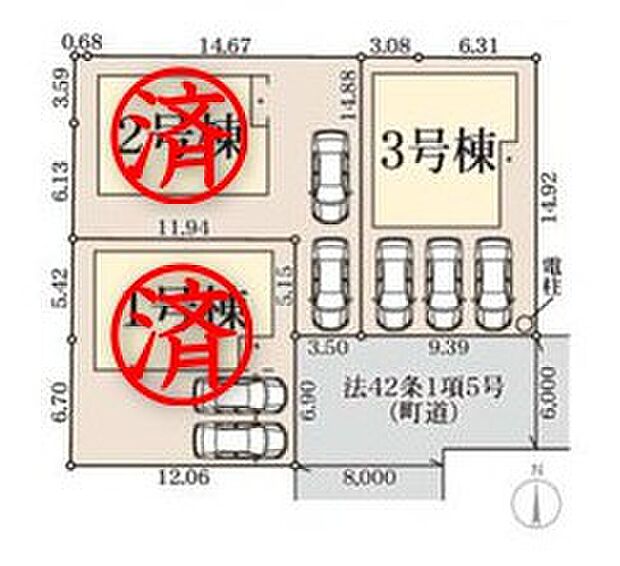 【【全体区画図】】カースペース２台～３台分ございますので、家族分の自転車を駐輪したり、来客用の駐車スペースとしてもお使いいただけます。