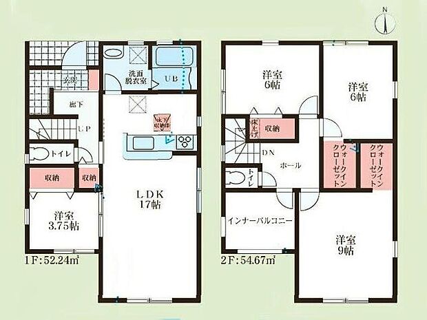 【4LDK】◇6帖と9帖の洋室にはコートなどもスッキリ片付くウォークインクローゼット付き♪
◇水回りが集中しており、効率的でストレスのない家事動線♪
◇急な雨でも安心なインナーバルコニー付き♪
