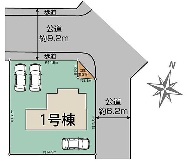 【【全体区画図】】カースペース3台分ございますので、家族分の自転車を駐輪したり、来客用の駐車スペースとしてもお使いいただけます♪空いたスペースには、花や緑で彩るガーデニングもオススメです♪